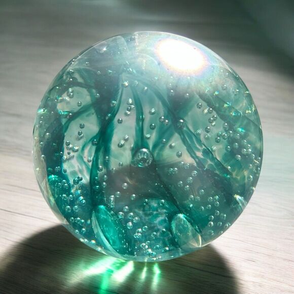 Rare- Large Iridescent Green Bubble Swirled Paper Weight- P...